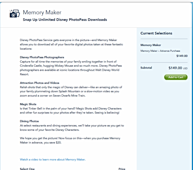 Memory Maker Advance Purchase Price-Screenshot from Walt Disney World Resort website
