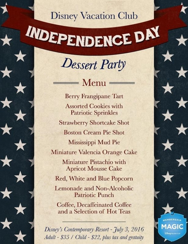 Disney Vacation Club Independence Day Dessert Party Menu