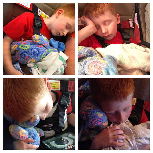 Safety first! The same boy is asleep in each photo of this four photo composition